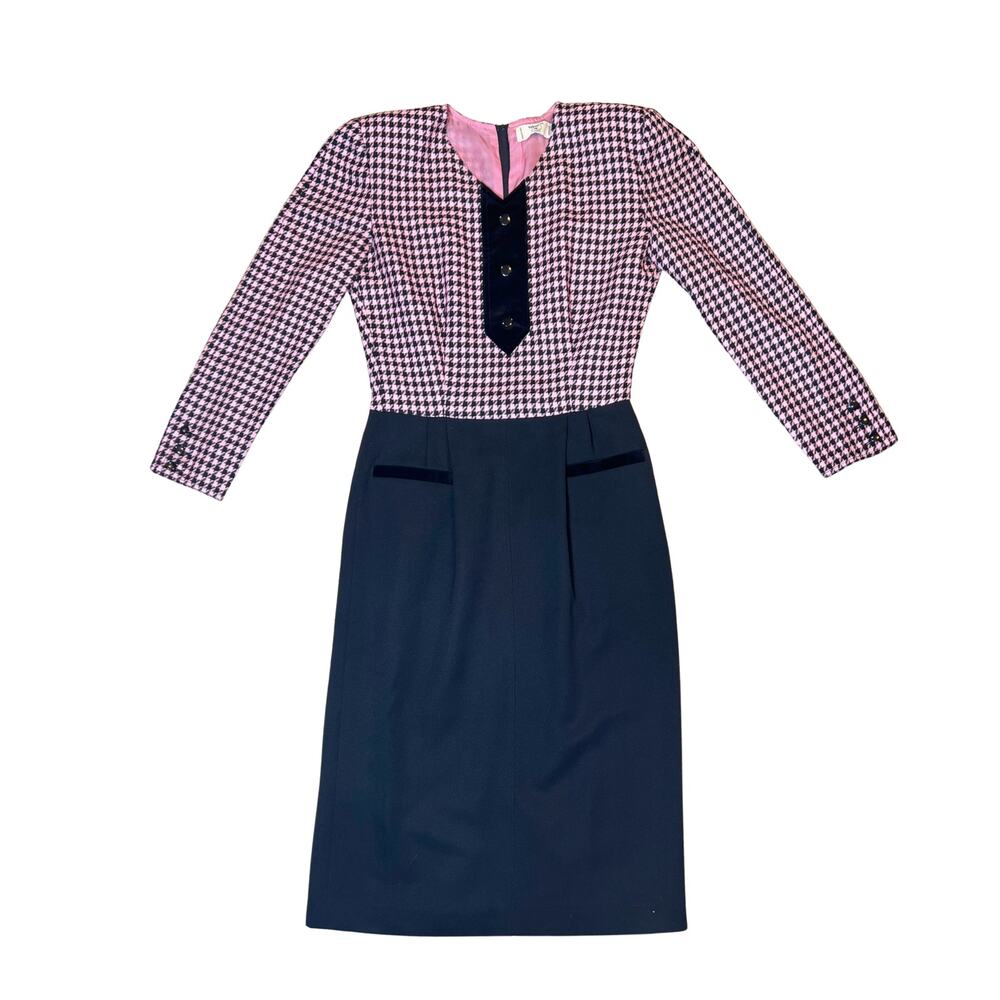 VALENTINO Miss V Vintage Size Small Pink & Black Wool Houndstooth Dress - 1980s
